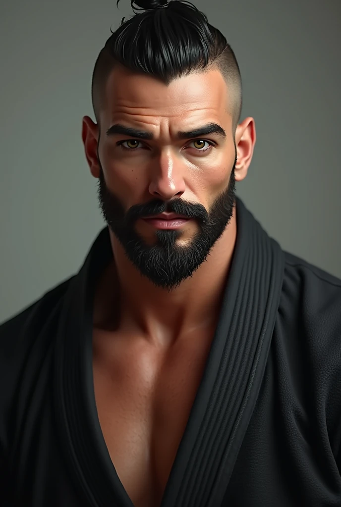 (maturemalemix) naughty man, eyeballs: small, honey color and big eyelashes. well-designed and black eyebrows. well-designed and black beard, but a short beard and thin mustache. athletic body with a jiujutsu kimono, very thin hair, almost bald and black, Caucasian skin
