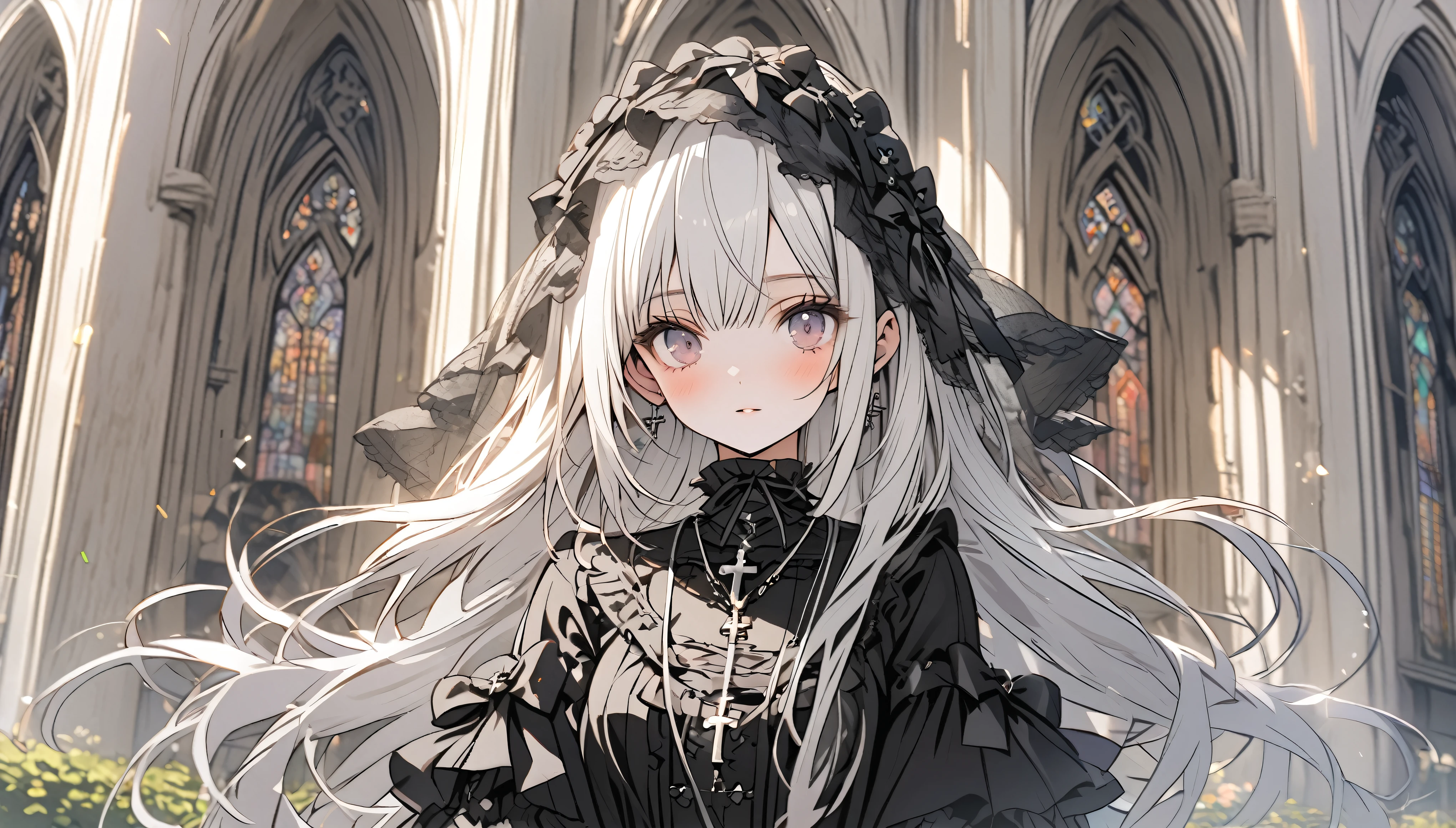 Beautiful girl with white hair,Black Lolita Outfit,Lolita veil,cross pendant,Standing in front of the church garden,panoramic,Character Close-up