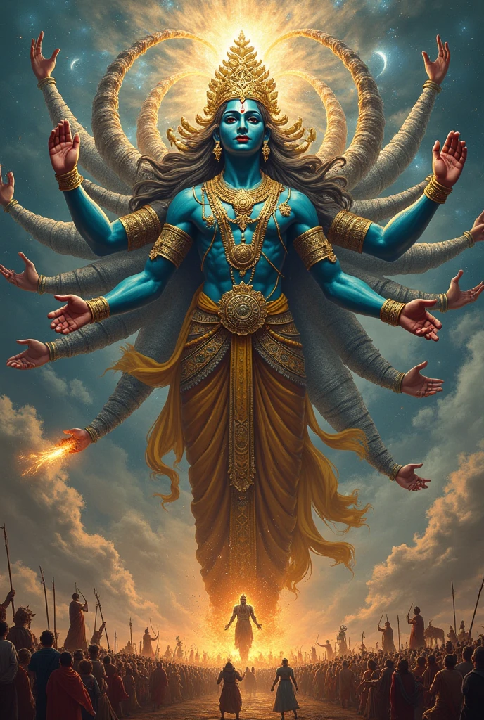 In the Bhagavad Gita, Lord Krishna reveals his Vishwaroopam (Universal Form) to Arjuna on the battlefield of Kurukshetra. This form is described as an awe-inspiring, vast, and magnificent cosmic vision that encompasses the entire universe.
Krishna’s Vishwaroopam is depicted as having thousands of faces and eyes, numerous arms and legs, and adorned with countless ornaments. His form is all-encompassing, displaying an infinite range of divine manifestations, including gods, sages, and various creatures. The form is both terrifying and majestic, representing the ultimate reality of divine omnipresence and omnipotence. The sheer scale of this form transcends normal human perception, symbolizing the boundless nature of the divine and the infinite scope of the cosmos. Realistic