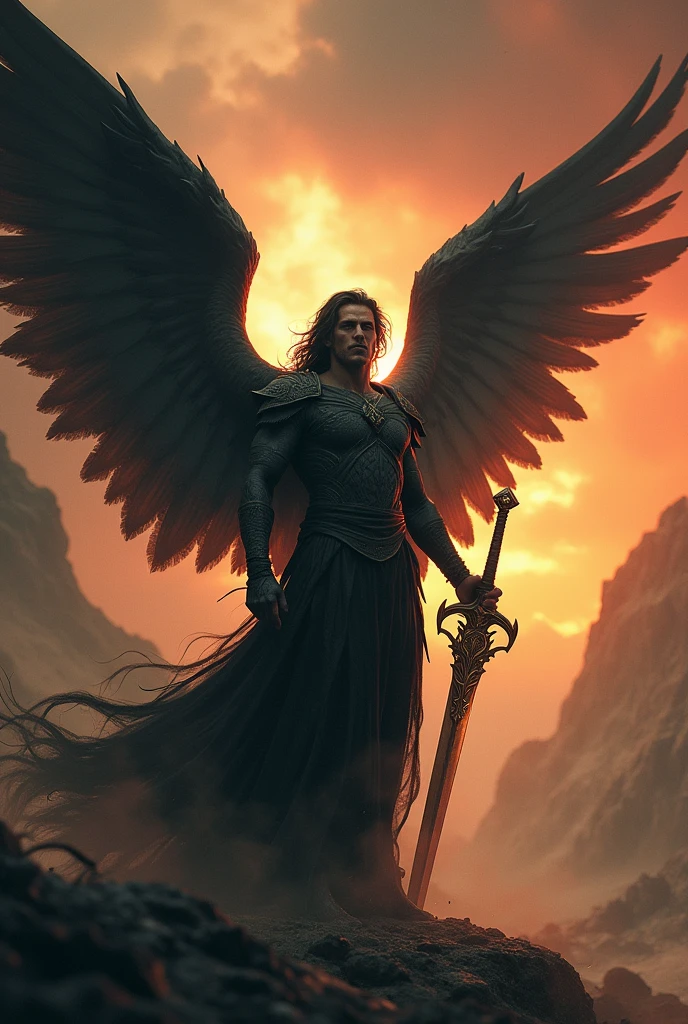 Fallen angel man with sword 
