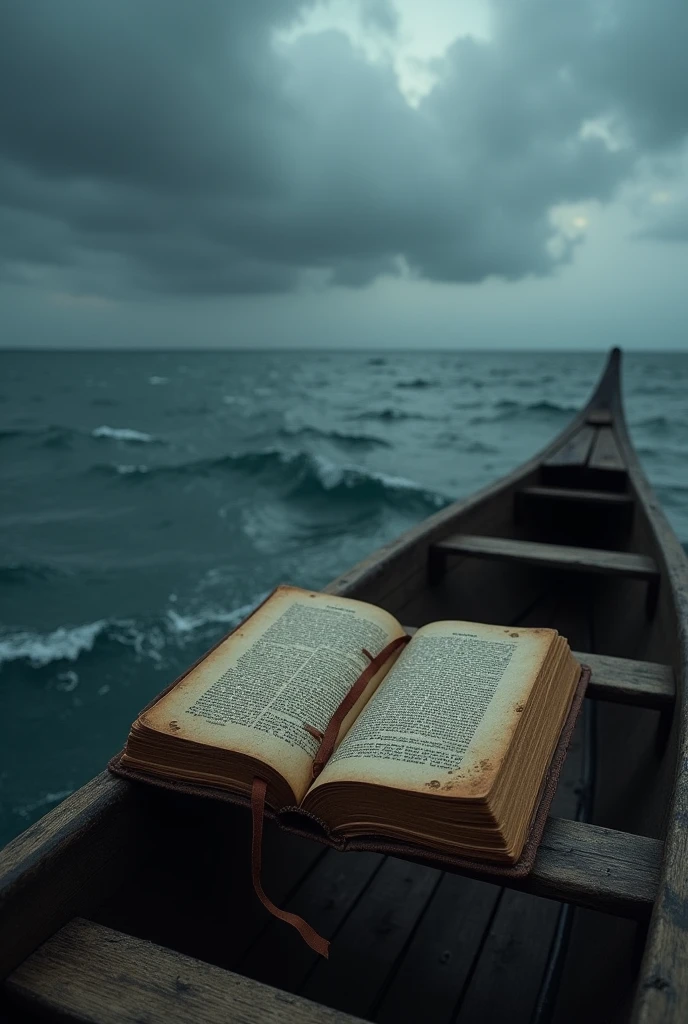 A book placed on the canoe . Dark cloud and ocean background. Realistic image. Close of view of cover page of book