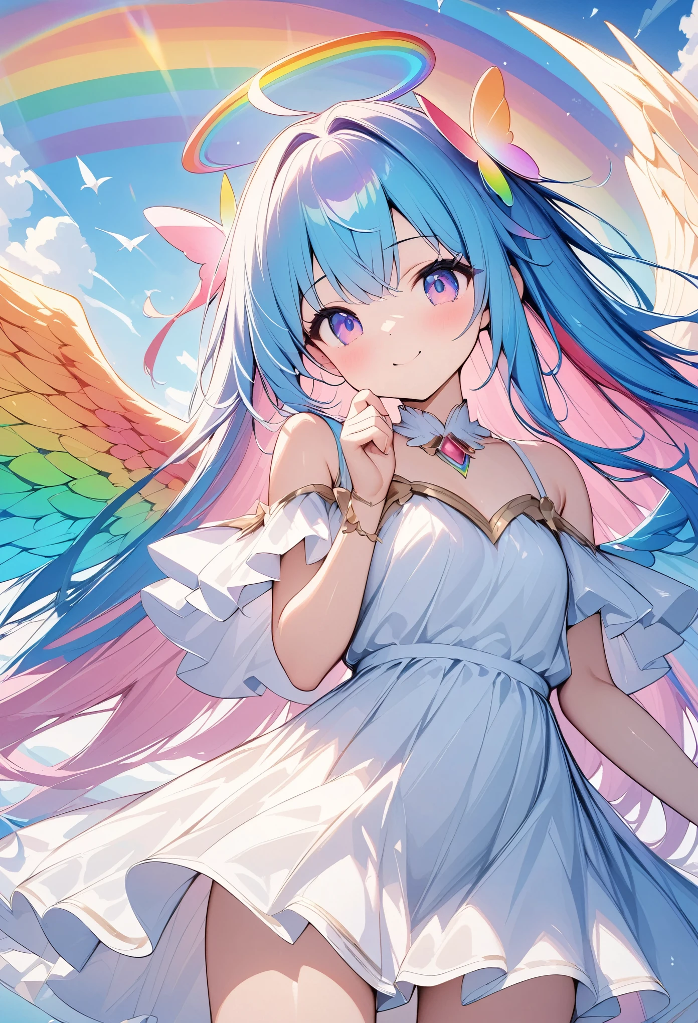 Light color、((Amazingly absurd)), 超High resolution, Attention to detail, high quality, High resolution, 最high quality, 4K, 8k, artwork,Fantastic Works、rainbow,rainbow hair、long hair、Rainbow Angel、Spread your wings wide、((Rainbow-colored wings flutter))、Beautiful angel、Cute angel