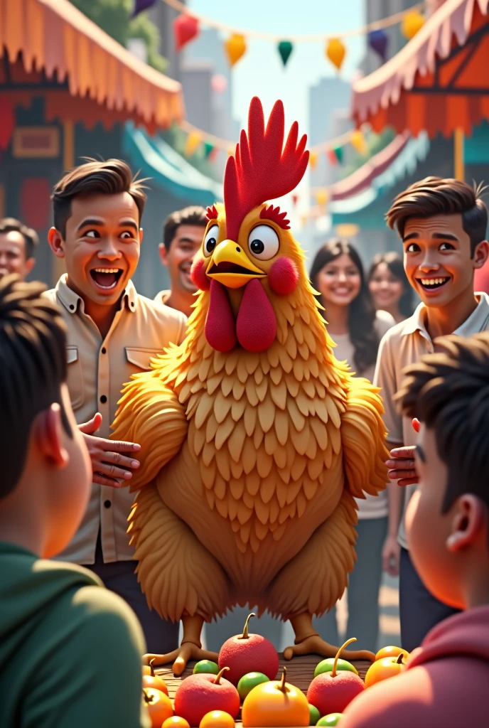 Image prompt: Surprised and enthusiastic customers around the merchant and chicken.