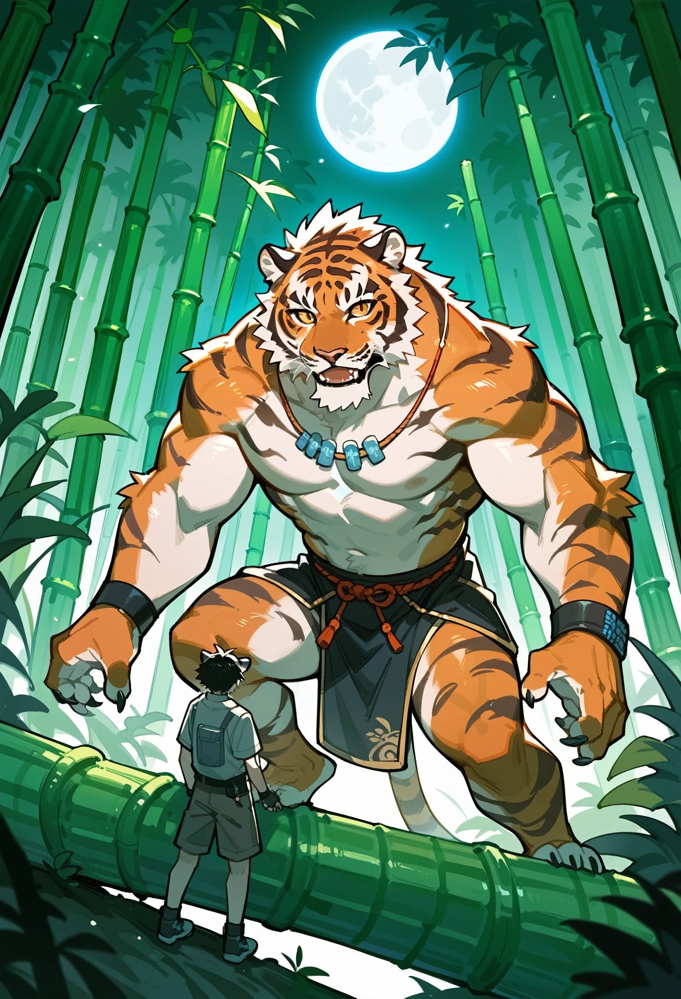 rating_safe, score_9, score_8_up, score_7_up, score_6_up, score_5_up, score_4_up, hires, source_furry, bamboo forest, moon, Chinese, male animal tigers and human girl,