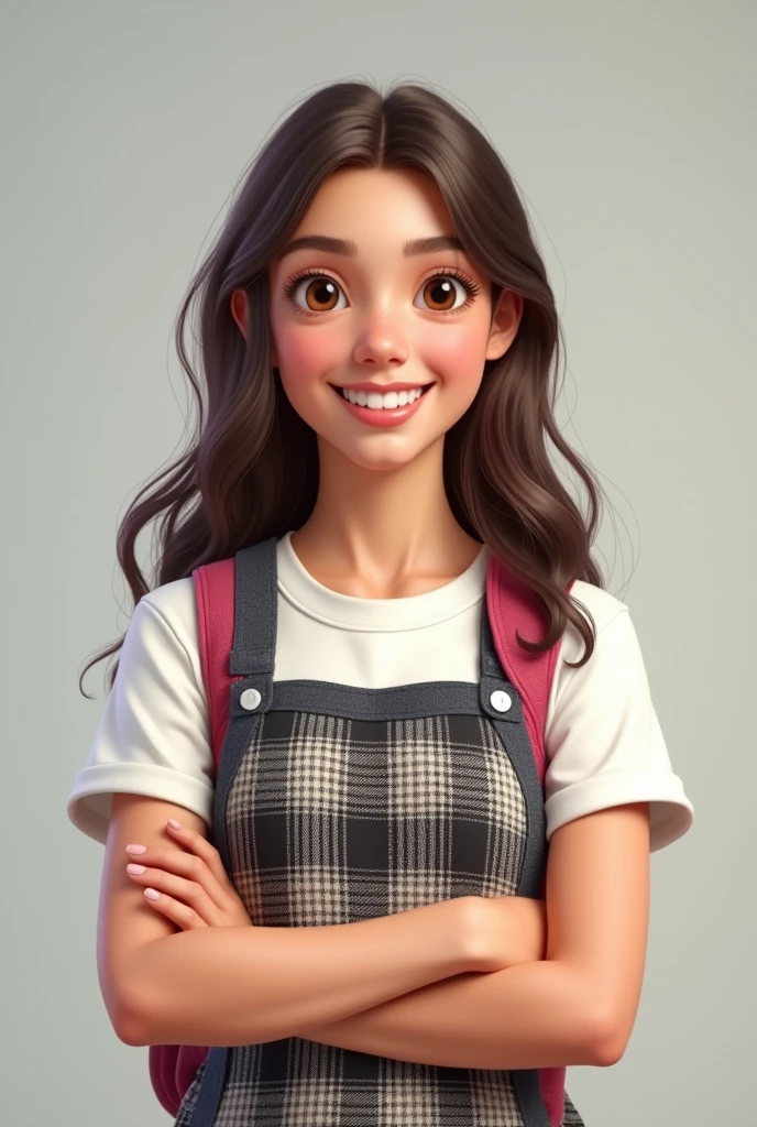 American teen girl, smiling and crossing his arms, with his white school shirt and checked jumper 
