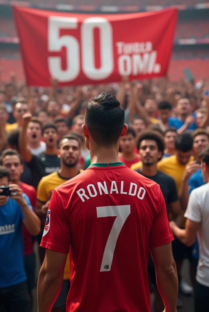 Ronaldo celebrate 50milion youtube subscribers...
A banner shows 50M subscribers done in the background... So many people enjoying in background and they wear blue, yellow, white, black, orange tshirts not any jersey...
Ronaldo turn back side, his jersey number 7 and jersey and pant colour is red.... Only a YouTube logo in jersey....
Look real