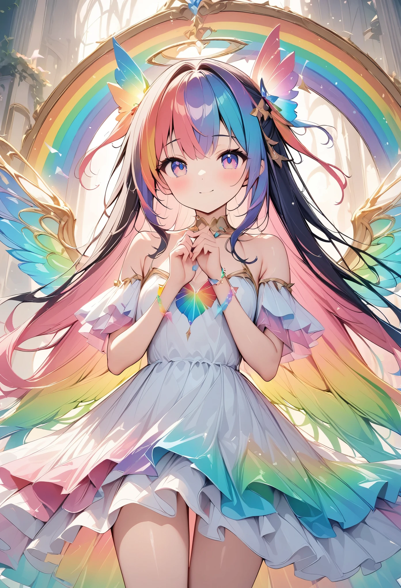 Light color、((Amazingly absurd)), 超High resolution, Attention to detail, high quality, High resolution, 最high quality, 4K, 8k, artwork,Fantastic Works、rainbow,rainbow hair、long hair、Rainbow Angel、Spread your wings wide、((Rainbow-colored wings flutter))、Beautiful angel、Cute angel