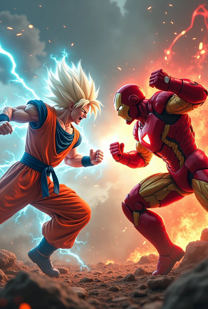 Square AI image of Goku Ultra Instinct fighting Iron Man, both are angry on the battlefield with fire all around.