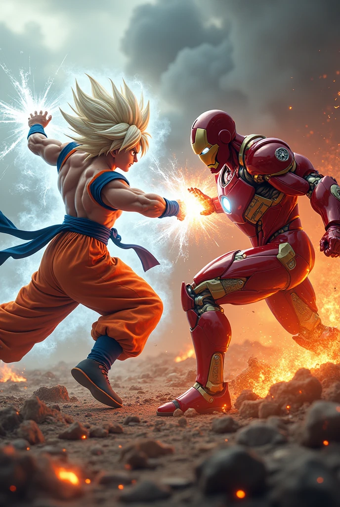 Square AI image of Goku Ultra Instinct fighting Iron Man, both are angry on the battlefield with fire all around.
