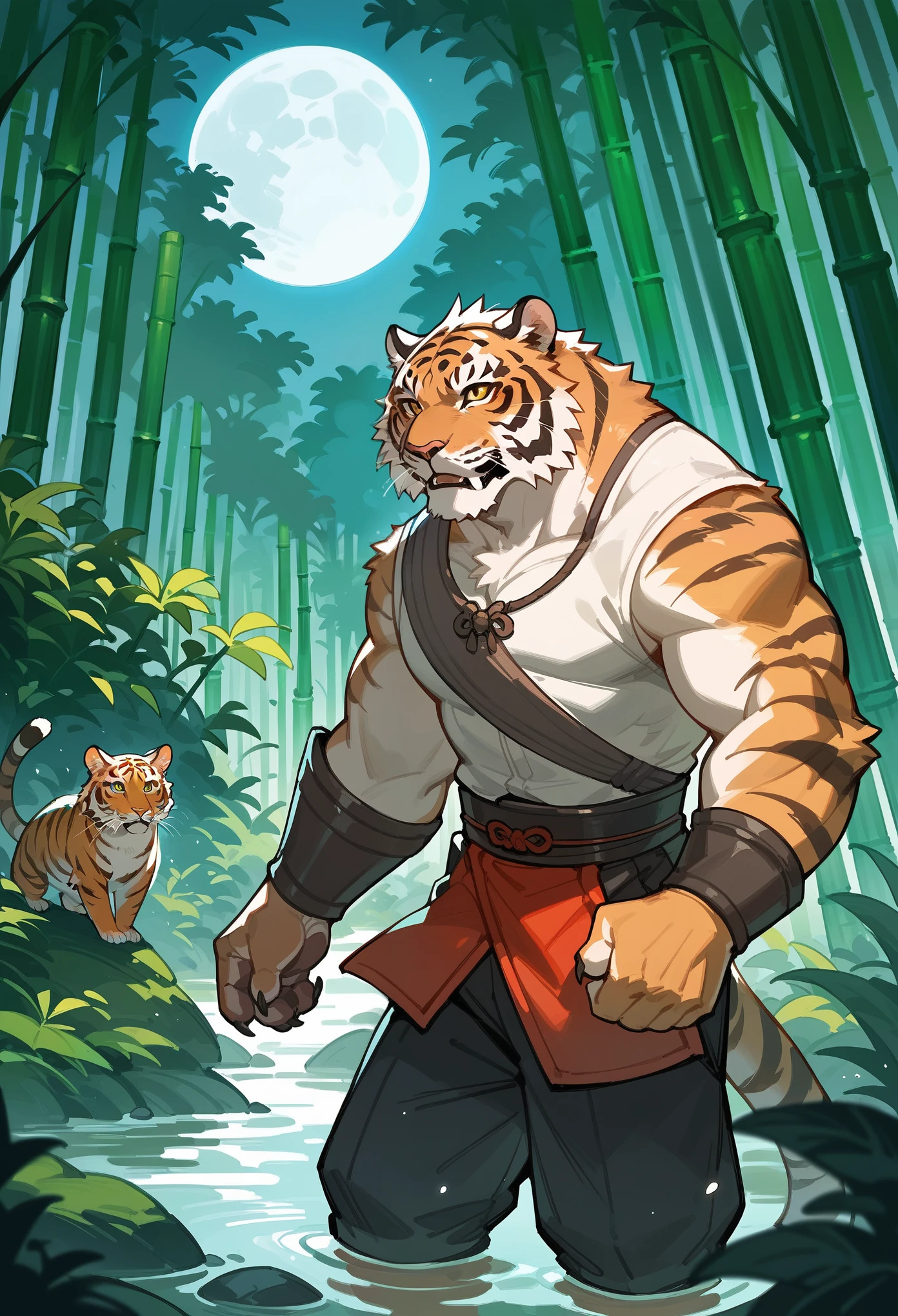 rating_safe, score_9, score_8_up, score_7_up, score_6_up, score_5_up, score_4_up, hires, source_furry, bamboo forest, moon, Chinese, male animal tigers and human girl,