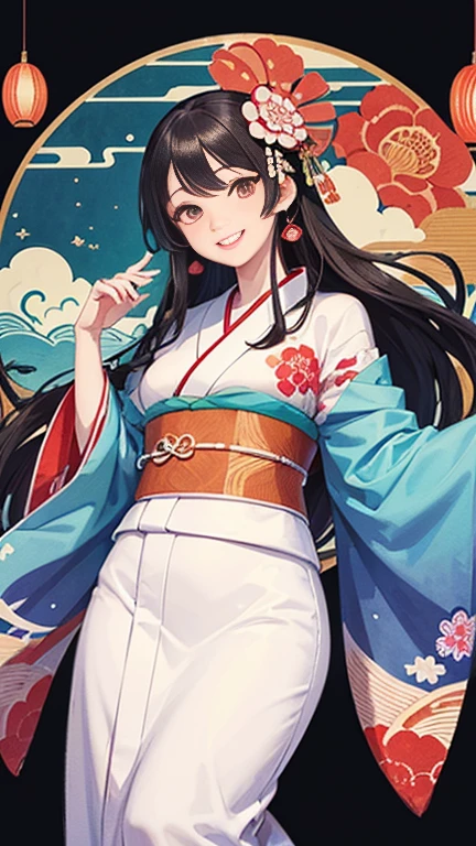 A beautiful woman smiles and shows her upper white teeth、Vividly colored Japanese Ukiyo-e style illustrations、(SeaArt creates stunning illustrations of beautiful women in kimono)、Brown-black long hair、Beautiful full body style、Let's dance a little Tokyo Ondo Yoiyoi、Beautiful digital painting,、Bright vibrant digital anime art、 Detailed digital anime art、 Beautiful anime portraits、background、Torii gate of a shrine in Kyoto, Japan、Detailed CG、