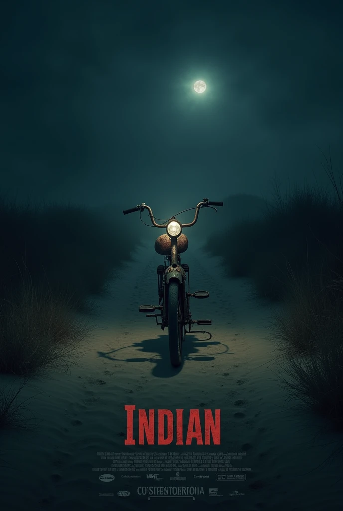 Create a poster with the following elements:
Background: A moonlit night with darkness all around. The setting should be eerie and mysterious.
Foreground: A brown sandy path stretches through the middle of the scene. On this path, place an old, rusty 1970's Indian bicycle.
Lighting: The only source of light in the entire scene should be the dim, glowing bulb of the bicycle. The light from this bulb should be focused, casting a soft glow around the bicycle and highlighting the path.
Text Elements:
Title: "LIFE OF THIEVES" should be written in the light emitted by the bicycle bulb. The text should appear as if it's part of the light itself, glowing faintly but clearly visible.
Credits: Centered on the poster, include the names "SUDHEESH RAMACHANDRAN - JAY KAY" in a clear, readable font.
Announcement: At the very bottom of the poster, place the text "ANNOUNCEMENT COMING SOON" in a subtle but noticeable way.
The overall vibe should be mysterious, dark.