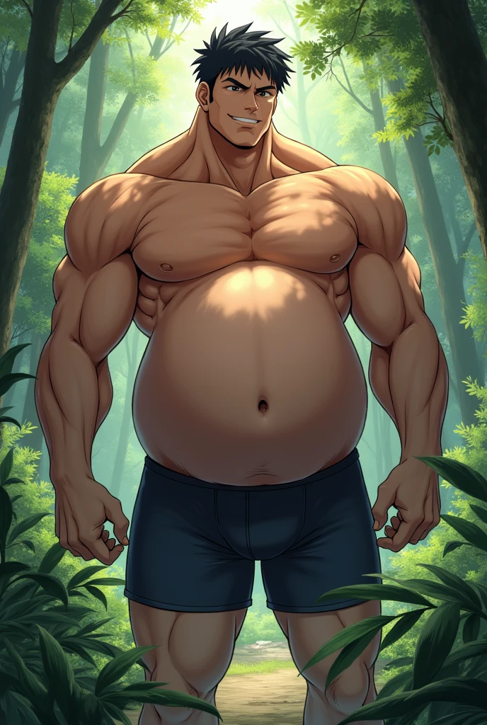 (masterpiece, ultra detailed, best quality), Fucking a teacher, florest scenery, sexy face, pants, shirtless, shirou ogami huge genital male with tight boxer))), ((huge male)), ((hyper muscular male)), ((thicc male)), (((gigantic balls:1.5))), (((gigantic cock:1.3))), (((NSFW))), boxer can't fit, (((oversized bulge))