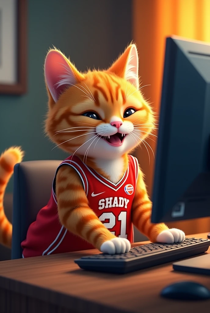 A cheerful ginger cat in a basketball uniform with the name Shady and number 21, playing computer 