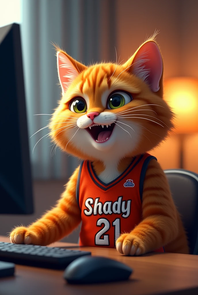 A cheerful ginger cat in a basketball uniform with the name Shady and number 21, playing computer