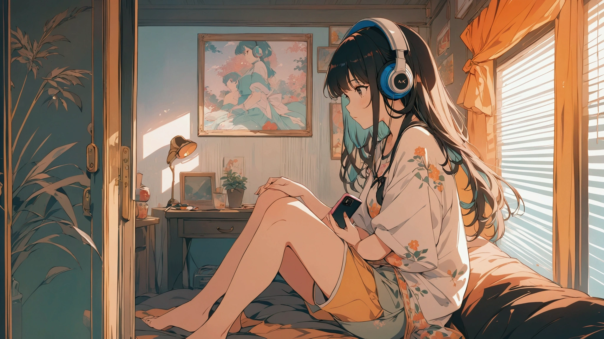 I put on my headphones and sat on my bed、Anime girl looking at her cell phone, Anime Style 4 k, Anime Art Wallpapers 8K, LOFI Girl, anime art wallpaper 4k, anime art wallpaper 4k, anime wallpaper 4k, anime wallpaper 4k, Anime atmosphere, 4k anime wallpaper, Lo-fi art style, Anime Style. 8k