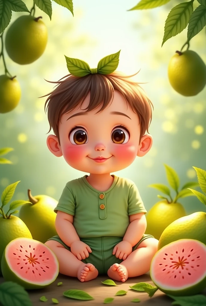 A baby with a bow on her head, with green blouse and shorts . Sitting with guava fruits. Cartoon