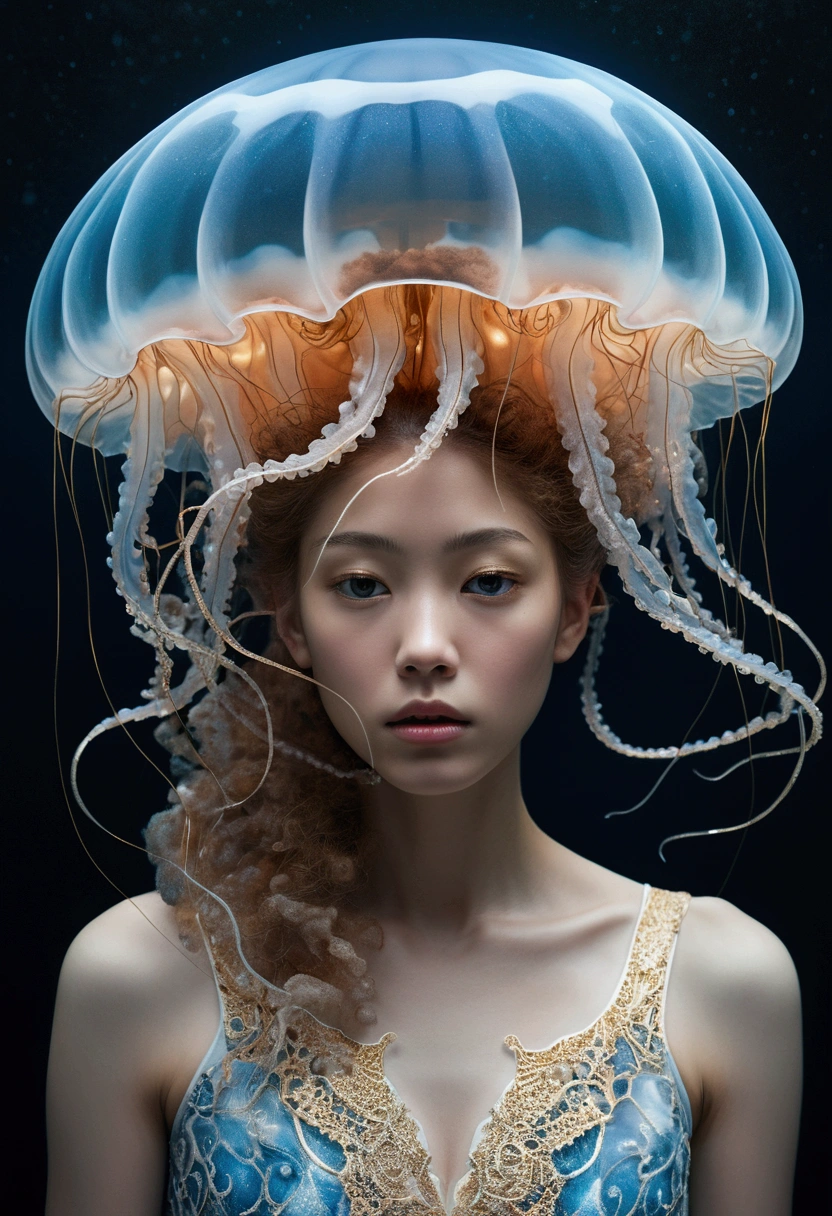 photo RAW, (White and blue : Portrait of a ghostly jellyfish, shiny aura, highly detailed, gold filigree, intricate motifs, organic tracery, by Android jones, Januz Miralles, Hikari Shimoda, glowing stardust by W. Zelmer, perfect composition, smooth, sharp focus, sparkling particles, lively coral reef background Realistic, realism, hd, 35mm photograph, 8k), masterpiece, award winning photography, natural light, perfect composition, high detail, hyper realistic