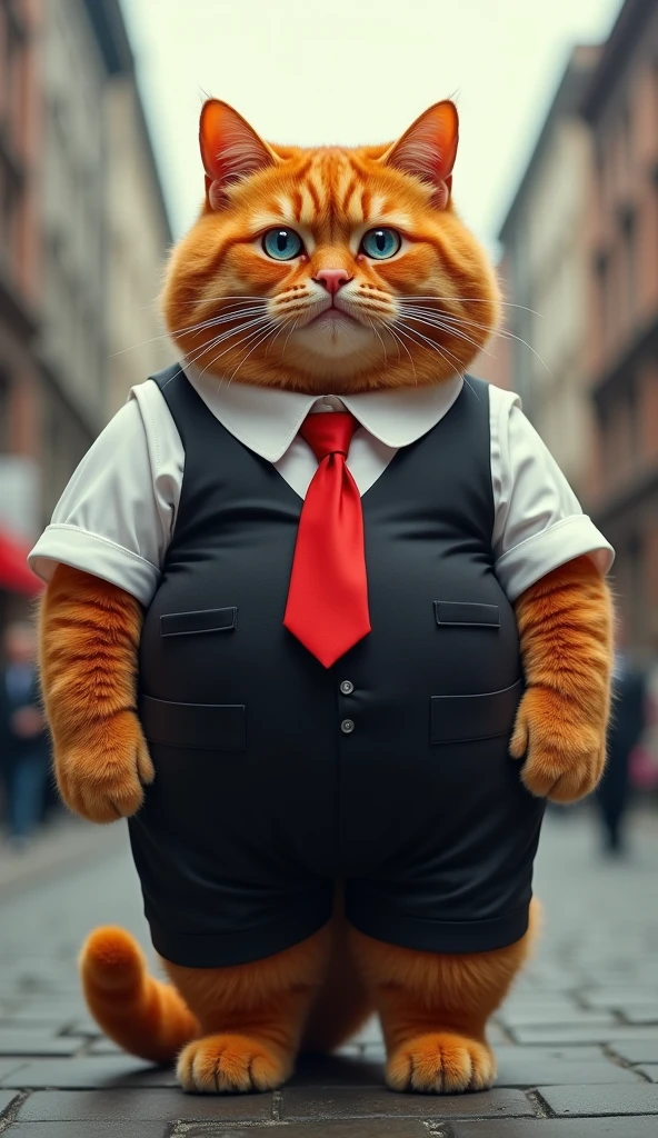 A very fat and obese orange cat stands with a confident posture., facing the camera. Her fur is bright orange and her eyes are bright blue., gives a sharp and slightly mischievous effect. This cat is wearing a cool outfit in the form of a white shirt., black fitted vest, and a striking red tie, neatly wrapped around his neck. The legs look sturdy and fat., with the tail curled elegantly at the side. Her whole body is visible in a stylish pose., ready to be photographed from head to tail with a city center background