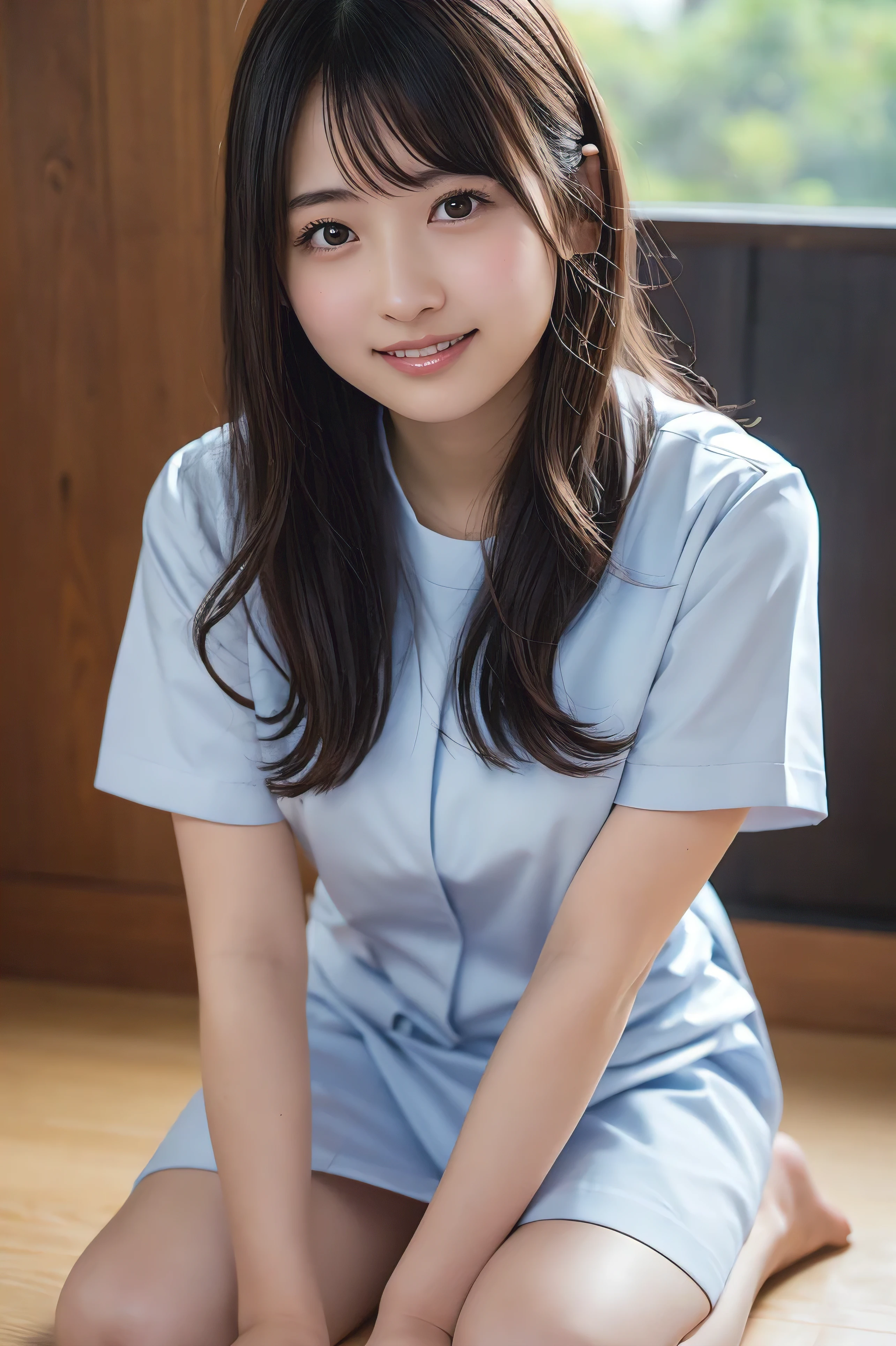 美しい目, a young japanese nurse in white uniform leaning on her knees, 1girl, solo, realistic, brown hair, looking at viewer, smile