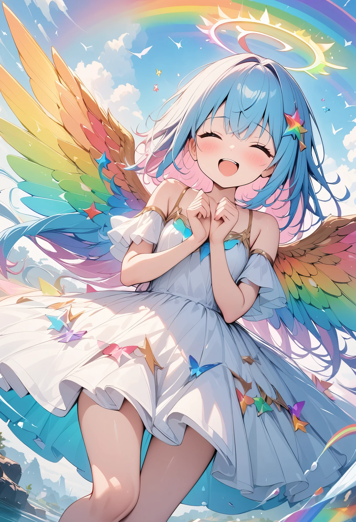 Pale colors, ((Astonishingly absurd)), Ultra high resolution, Attention to detail, High quality, High resolution, Top quality, 4k, 8K, Artwork, Fantastic work, rainbow, rainbow hair, Long hair, Rainbow angel, Spread wings wide, ((Rainbow wings fluttering)), Beautiful angel, Cute angel, Break, Big smile, Eyes closed, Mouth wide open, Blushing cheeks, Embarrassed