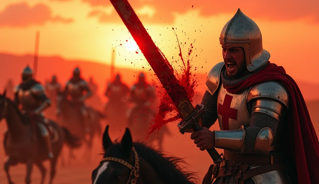 A highly realistic, high-contrast, 8K HD, detailed, hyper-detailed image. Depicting the moment a Crusader knight is struck by an enemy's sword on a desert battlefield. The knight is fully armored, bearing a red cross emblem, and the focus is on the exact moment the sword deeply cuts into his armor, with shock and pain evident in his eyes. Blood sprays from the wound, and in the background, other knights are fiercely battling. The desert sunset casts a red hue, dramatically lighting the entire battlefield and emphasizing the sense of despair and tension. The image is of the highest quality, with ultra-high resolution, RAW photo quality, and Unreal Engine rendering, capturing the intensity of the battle and the pain of the moment.