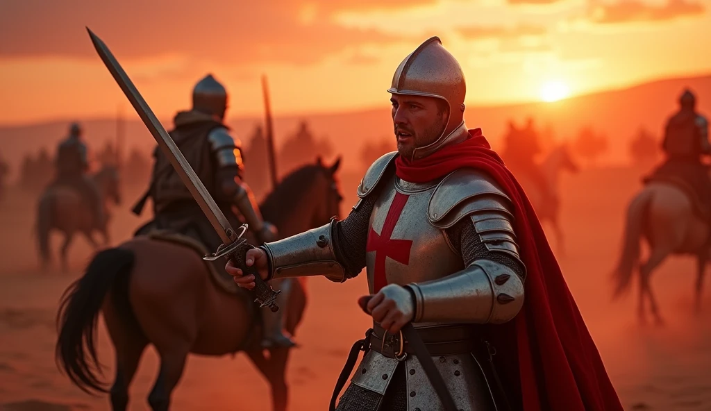 A highly realistic, high-contrast, 8K HD, detailed, hyper-detailed image. Depicting the moment a Crusader knight is struck by an enemy's sword on a desert battlefield. The knight is fully armored, bearing a red cross emblem, and the focus is on the exact moment the sword deeply cuts into his armor, with shock and pain evident in his eyes. Blood sprays from the wound, and in the background, other knights are fiercely battling. The desert sunset casts a red hue, dramatically lighting the entire battlefield and emphasizing the sense of despair and tension. The image is of the highest quality, with ultra-high resolution, RAW photo quality, and Unreal Engine rendering, capturing the intensity of the battle and the pain of the moment.