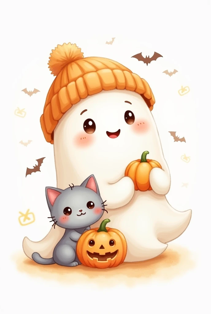 Create a full-body pastel watercolor painting of a chibi ghost character on a white background. The ghost should have a round, soft shape with a friendly, smiling expression and blushing cheeks. Dress the ghost in a cozy orange beanie with a fluffy pom-pom. In one hand, it holds a cute jack-o'-lantern pumpkin, and in the other, holding a an adorable gray kitten with black shiny eyes. The scene includes small, flying bats in the background. The color palette should be soft pastels with a focus on light orange, gentle whites, and subtle grays to create a whimsical, dreamy Halloween vibe."