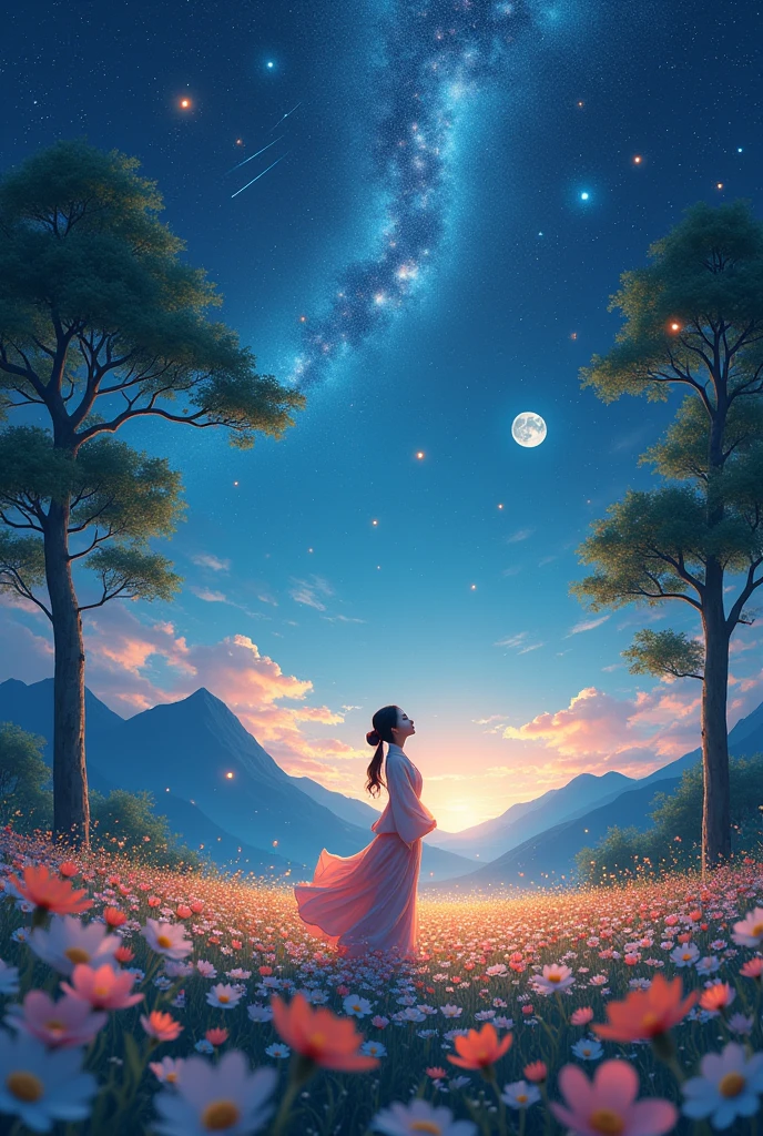 a beautiful japanese woman standing in a vast flower field, looking up at the night sky with a full moon, shooting stars, and a distant nebula, distant mountains in the background, a tree break in the foreground with a warm light source and fireflies, intricate details and volume lighting creating a sense of realism, masterpiece, best quality, 4K, ultra-detailed, dynamic configuration, highly detailed and colorful details, iridescent colors, glowing and atmospheric lighting, dreamy and magical, solo