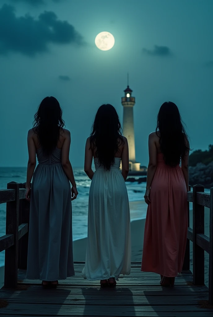 cinematic professional portrait 3 curvy asian woman with wavy black hair,wearing a long maxi dress, footwear, leaning againt on a wooden bridge, looking at the beautiful beach,lighthouse, at nighht, full moon night