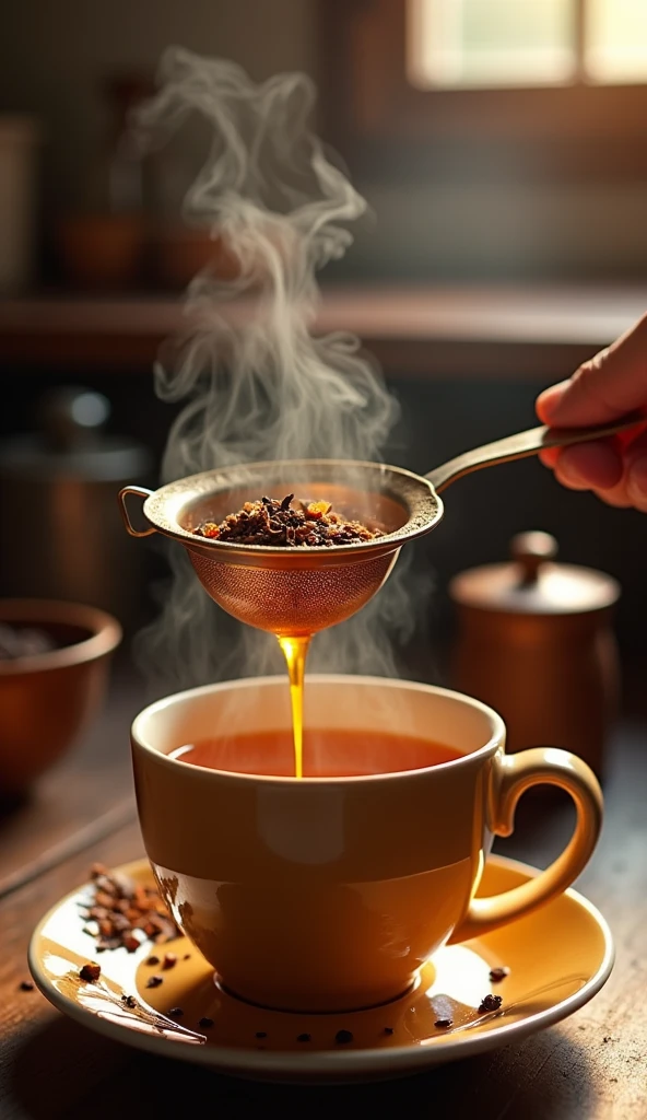 A close-up of a traditional chai strainer held over a cup, with hot tea being poured through it. The rich, amber-colored liquid flows smoothly into the cup, while the tea leaves and residue are caught in the strainer, remaining on one side. Steam rises gently from the cup, and the scene is set in a warm, cozy kitchen with a rustic feel. The moment captures the simplicity and ritual of making chai, emphasizing the strainer’s role in separating the rich, brewed tea from the leaves.