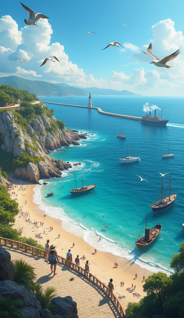 (masterpiece, top quality: 1.1), bird's eye view, asymmetry, blue sea, low tide, sea wave, sea route, coastal road, sandy beach, shell, pier, yacht, boat, ship wake, shipwreck, steamer, contrail, car, tourist, lighthouse, seagull , horizon, wind, summer, hat, morning, sunny, cloud, calm, fresh air, depth of field