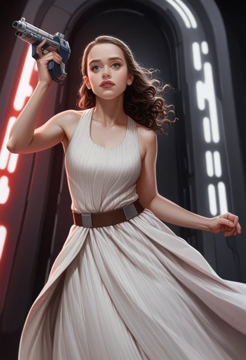 obra maestra, mejor calidad, Emilia Clarke as Qi'ra, brunette curly long hair, mid shot, running in a futuristic star wars room throne near a window at night, wide open eyes, wears a mini red with stripes dress , dark side star wars, misterious, masterpiece, 8k, dinamic pose, holding a star wars gun, sensual, 