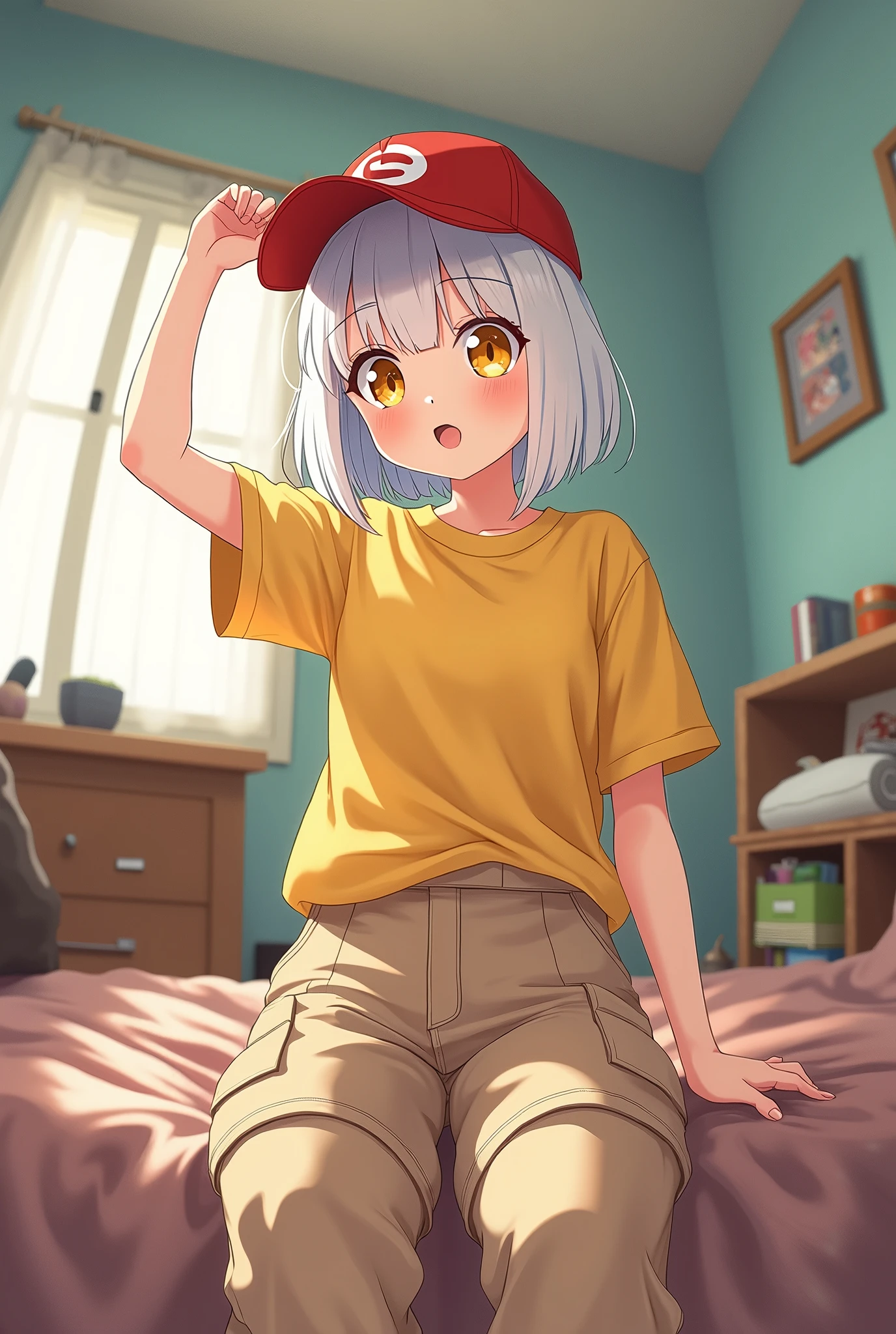 Micro photo。Cute with white bob hair and yellow eyes。Cute in the style of Japanese anime illustrations。She is wearing a large yellow short-sleeved T-shirt。She is wearing sarouel cargo pants。She is barefoot。She is wearing a baseball cap。Realistic background of a single person living in a room。Fisheye Lens。Super high-definition description。Dynamic Perspective。She is posing while touching her hat。