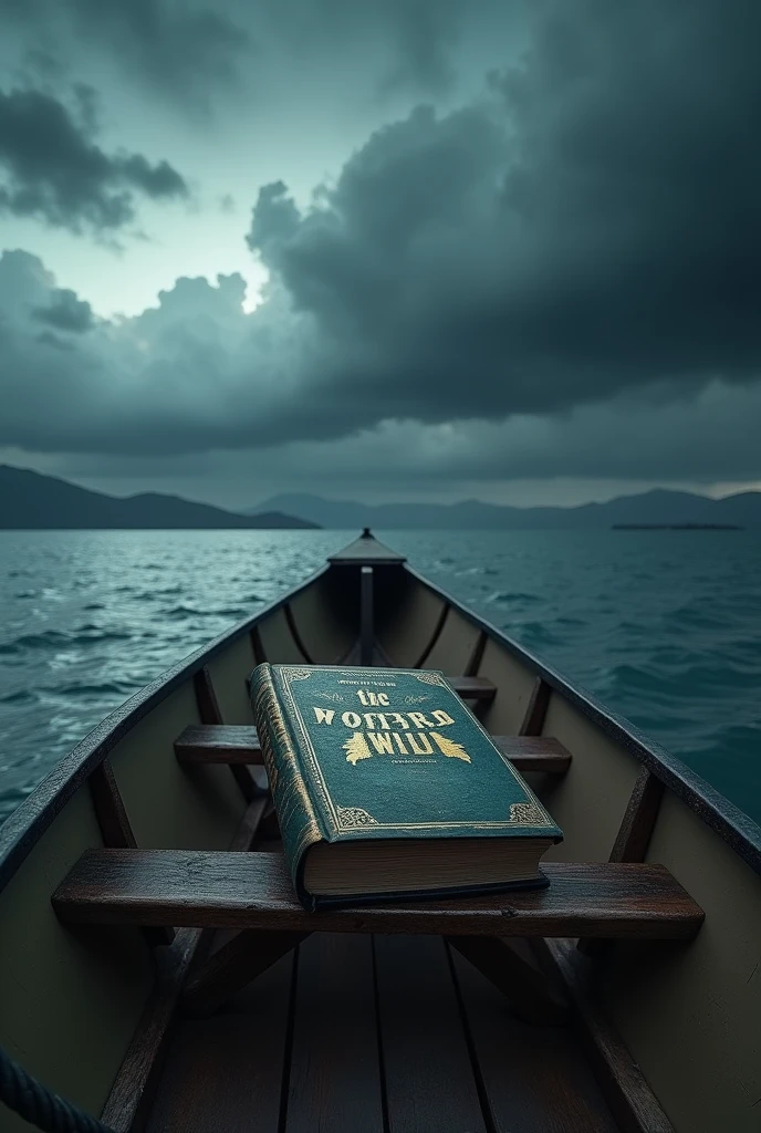 A novel placed on the canoe . Dark cloud and ocean background. Realistic image. Close of view of cover page of nivel