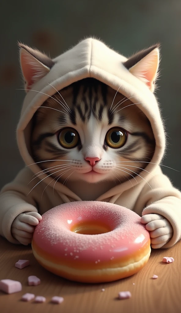 animal focus, food, no humans, eating, cat, hood, big eyes, animal, restraint, alone, indoors, donut, hood up, restraint food, eat happy