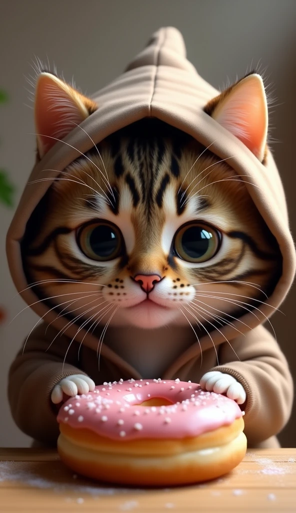 animal focus, food, no humans, eating, cat, hood, big eyes, animal, restraint, alone, indoors, donut, hood up, restraint food, eat happy