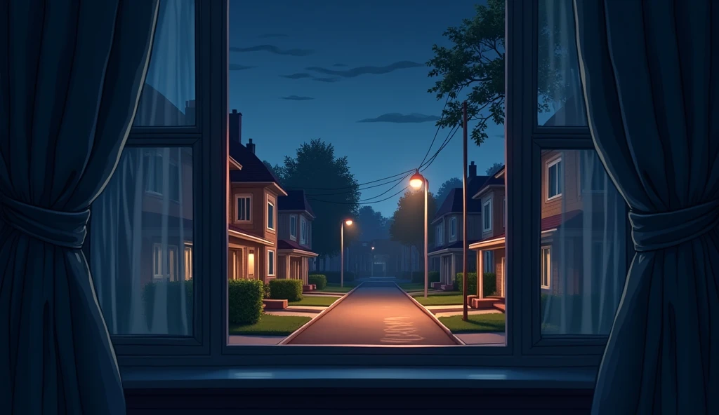 A LATE NIGHT SCENE FROM ROOMS WINDOW cartoonish realisem without person second floor