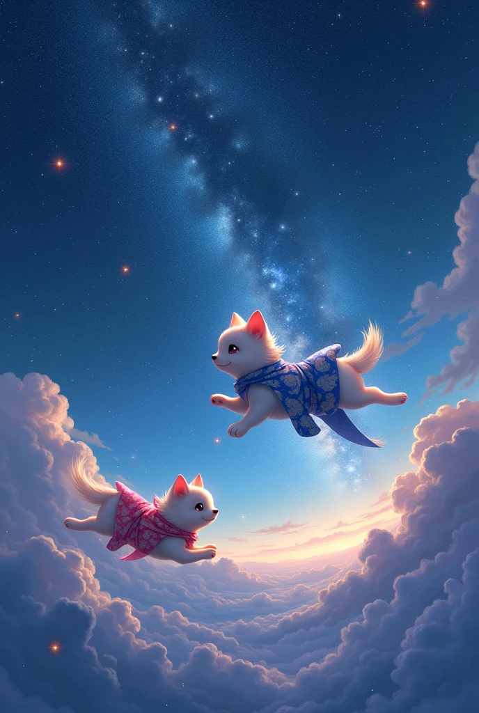 (Full giant starry sky:1.4) art,(Like under deep sea lighting:1.1), Lots of shining stars、 Realistic,Pets flying in space、float、Jump、flight、drift、kimono、In deep space、Space shower、