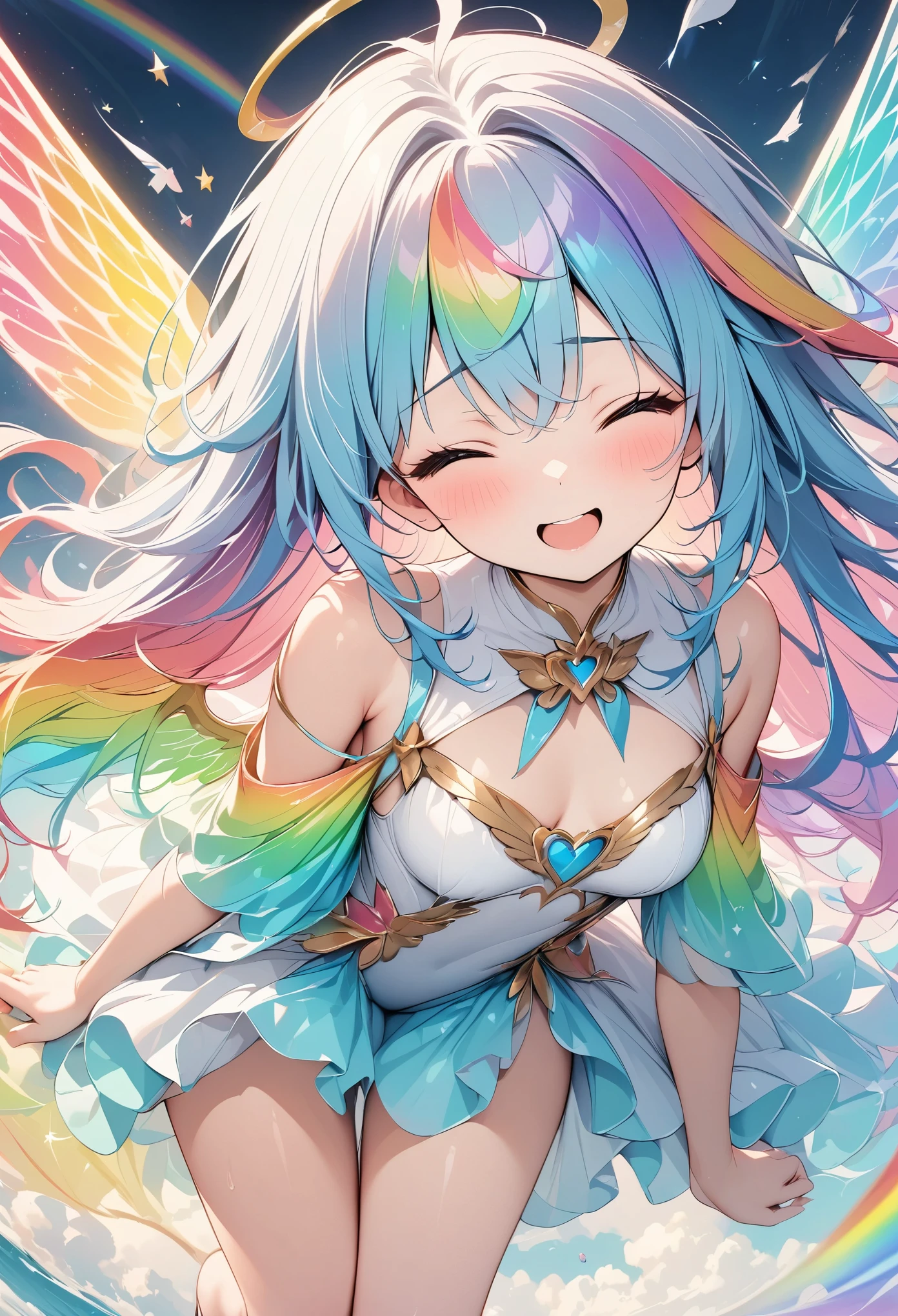 Pale colors, ((Astonishingly absurd)), Ultra high resolution, Attention to detail, High quality, High resolution, Top quality, 4k, 8K, Artwork, Fantastic work, rainbow, rainbow hair, Long hair, Rainbow angel, Spread wings wide, ((Rainbow wings fluttering)), Beautiful angel, Cute angel, Break, Big smile, Eyes closed, Mouth wide open, Blushing cheeks, Embarrassed