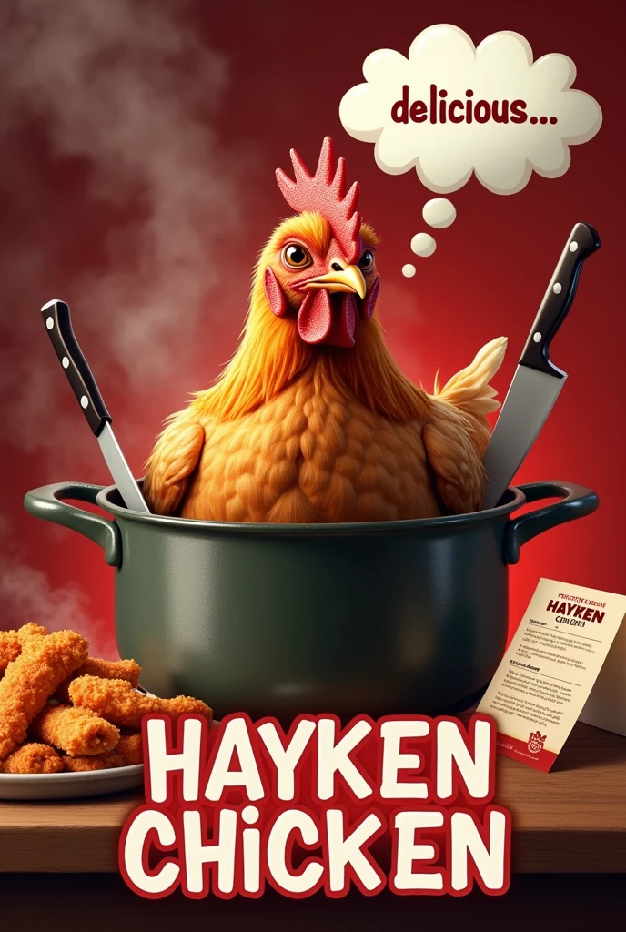 Background red and white, a pot on a top a fire, alive chicken in side the pot, two knifes crossed each other on top,fried chicken aside and a recipe on the other side, the chicken looking at the the fried chicken, write "Delicious ..." as a thought on the top of the chickens head,Write boldly with red and white letters" Hayken Chicken" At the bottom