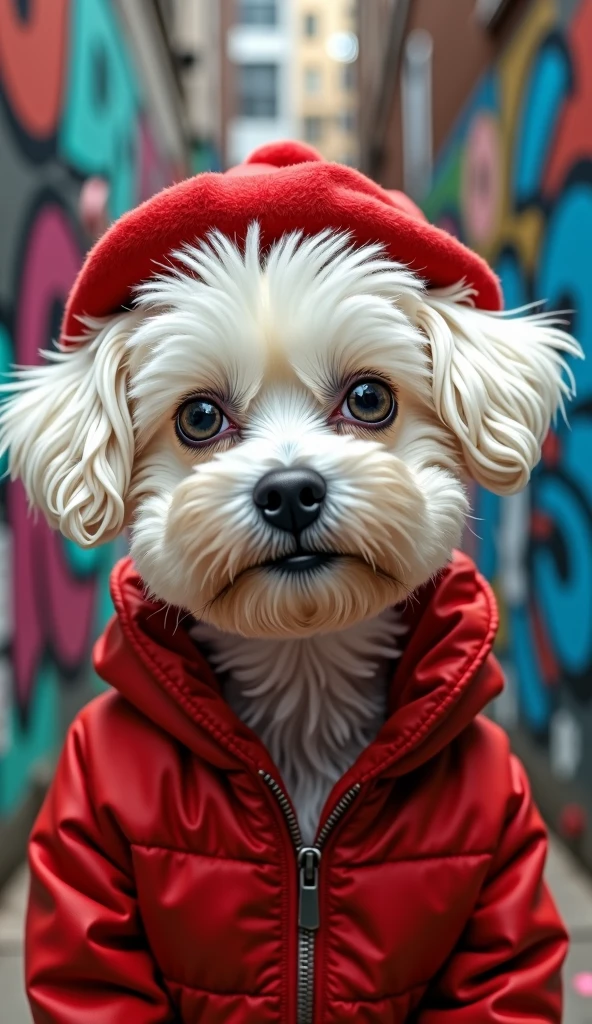 There is a small white dog wearing a red hat and jacket., un portrait de Bernie D'Andrea, pexels, Graffiti, portrait, Humans New York style, cute dog, wearing a scarlet hoodie, portrait en plano medio, closeup portrait, looking cool and stylish, in a hood, portrait medio, Subtle details, wearing a red hoodie