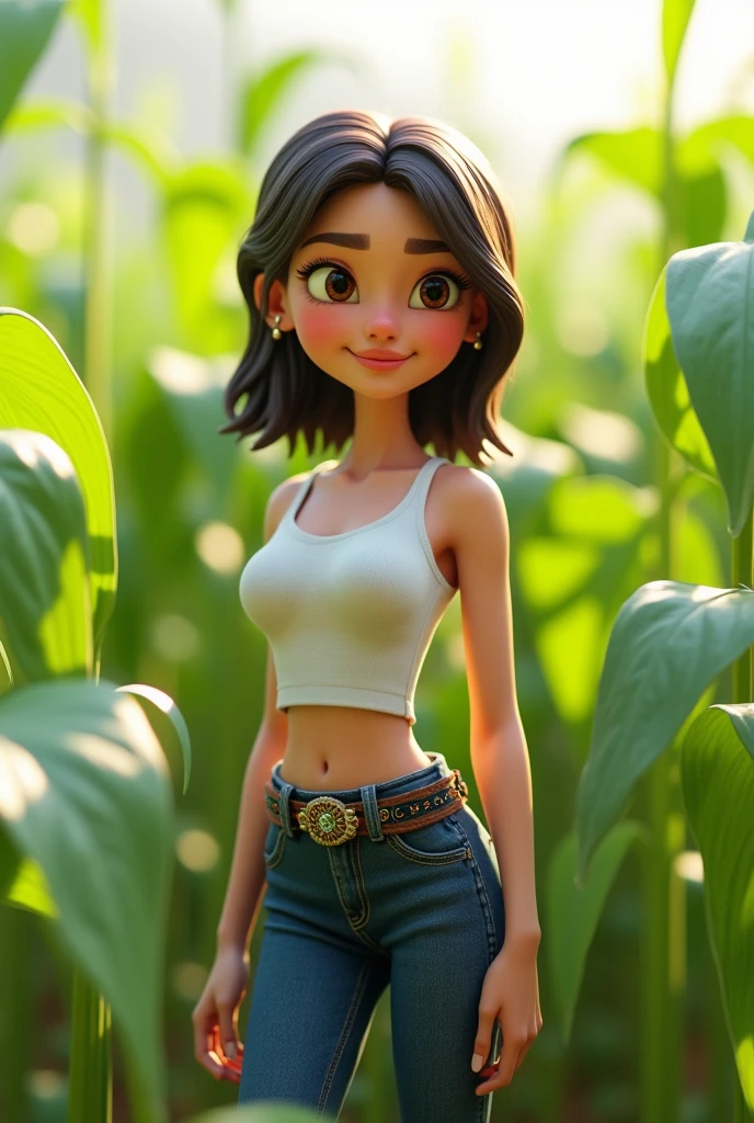 3d animation pixar style, 20 year old girl, agronomist, skinny, with white skin, big tits, medium length dark brown hair, wearing jeans with a buckle belt, wearing ankle boots, with a short blouse showing her belly, in amidst a sorghum field