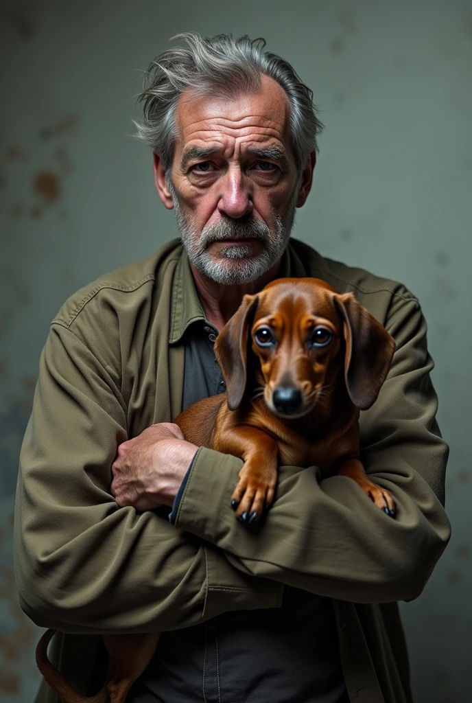 A MIDDLE-AGED MAN WHO HAS BEEN BARABDE FOR THREE DAYS STARES AT THE CAMERA WHILE HOLDING A DACHSHUND IN HIS ARMS