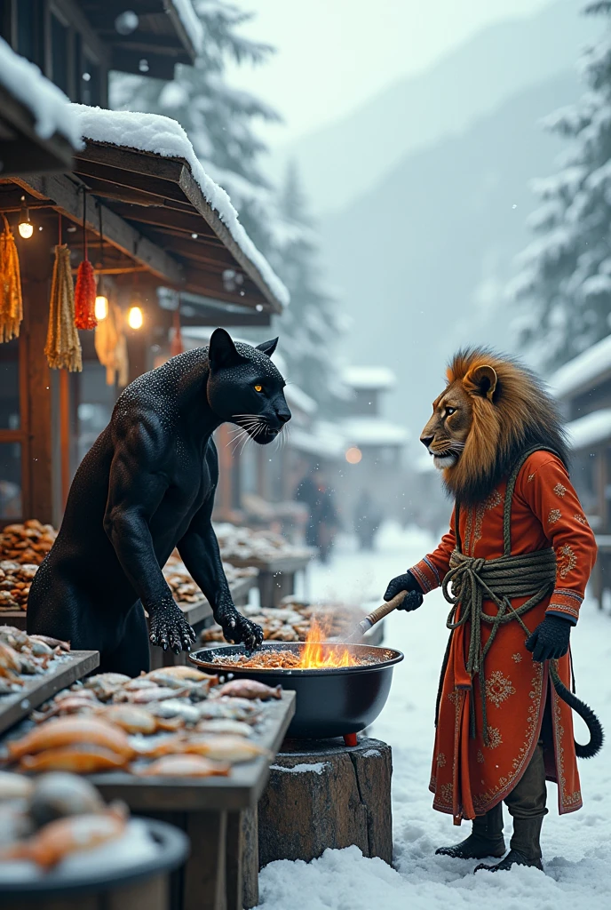 Kerala fish market in kashmir with black panther cleaning the fishes and lion cooking in a Indian attair
Wile snowing
