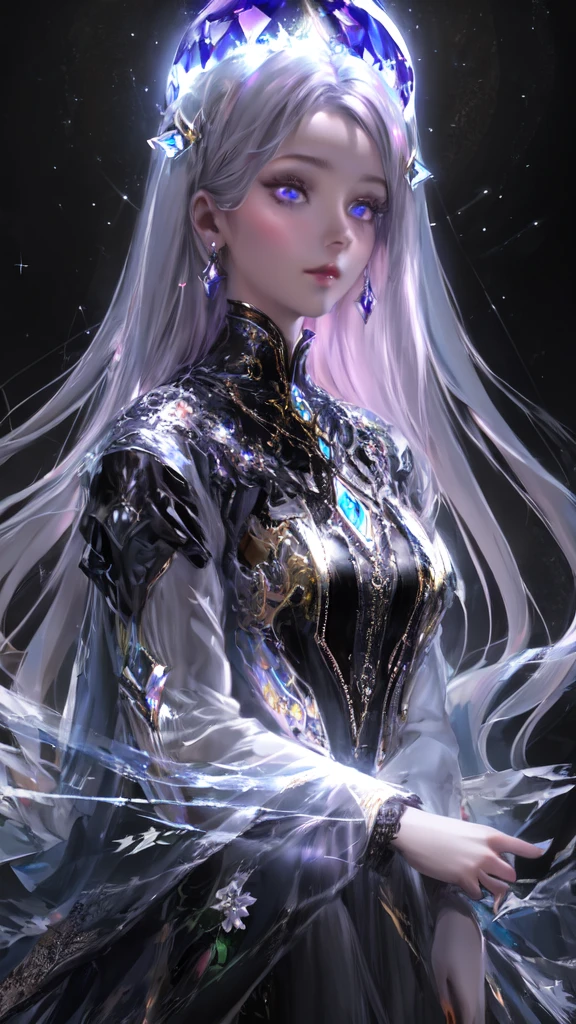woman、Beauty、Gorgeous kimono、Android、Beautiful、Age 27、Whitening、European style、game、Transparencyのある肌、front、Upper Body、Make eye contact、Silver Hair、mysterious、Very long hair、Transparency、Gray Eyes、Cat Eyes、Dark eyeshadow、The background is a moonlit night.、Light pink background、Background glitter、Crystal ball、