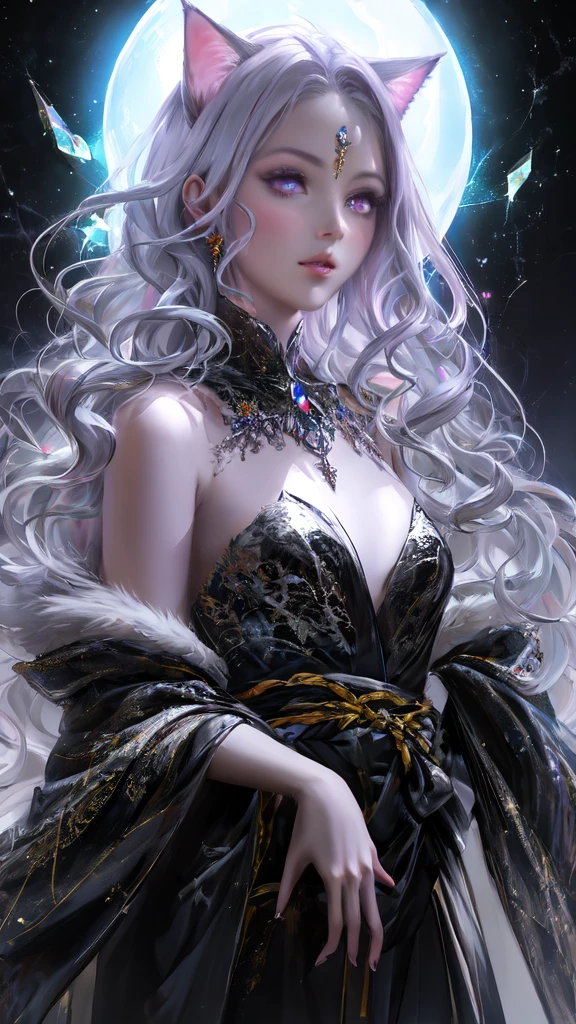 woman、Beauty、Gorgeous kimono、Android、Beautiful、Age 27、Whitening、European style、game、Transparencyのある肌、front、Upper Body、Make eye contact、Silver Hair、mysterious、Very long hair、Transparency、Gray Eyes、Cat Eyes、Dark eyeshadow、The background is a moonlit night.、Light pink background、Background glitter、Crystal ball、