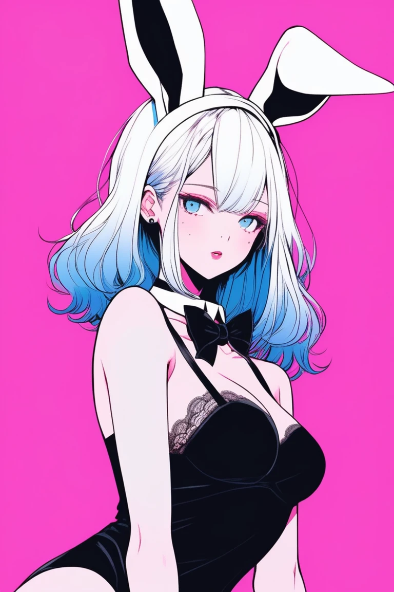 Illustrator, anime , Realistic ,sketch , 1 person, model, Age 25, lip, Sexy and revealing lace Playboy Bunny,Bunny ears, black Bunny ears, fake Bunny ears, pantyhose, black pantyhose,bow tie, Wrist cuff, Black leotard, order, Blue and pink gradient background, Neon Hair, Big Breasts, Her cleavage is visible, look back, Upper Body, Sexy look, Texture Trim, Russia, (masterpiece,Highest quality)