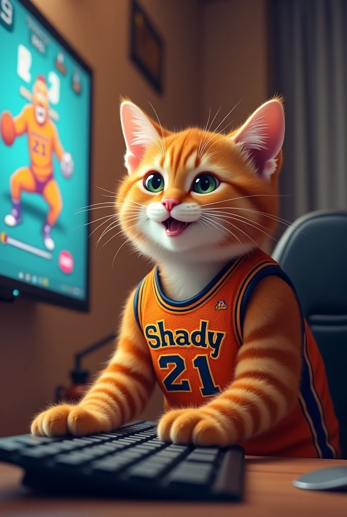 A cheerful ginger cat in a basketball uniform with the name Shady and number 21, playing computer
