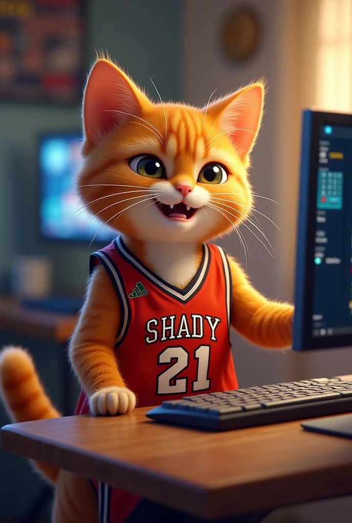 A cheerful ginger cat in a basketball uniform with the name Shady and number 21, playing computer 